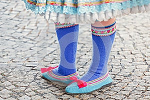 Slovak traditional folklore festival is wearing traditional Eastern Europe folk costumes and footwear