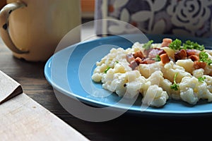 Slovak traditional potato gnocchi with sheep cheese and bacon,wooden table