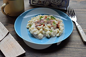 Slovak traditional potato gnocchi with sheep cheese and bacon,wooden table