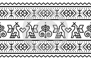 Slovak tribal folk art vector seamless geometric pattern with brids and swirls - long horizontal deisgn inspired by traditional pa