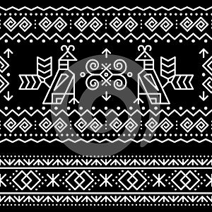 Slovak tribal folk art vector seamless geometric two patterns with brids swirls, zig-zag shapes inspired by traditional painted ar