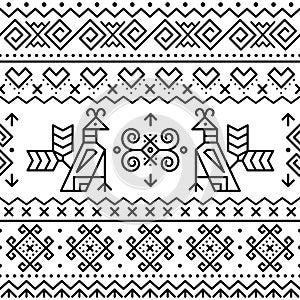 Slovak tribal folk art vector seamless geometric two patterns with brids swirls, zig-zag shapes inspired by traditional painted ar