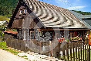 Slovak village Cicmany - famous distinctive village with decorated wooden houses with ornaments and inherent folklore