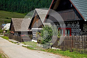Slovak village Cicmany - famous distinctive village with decorated wooden houses with ornaments and inherent folklore