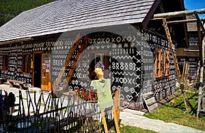 Slovak village Cicmany - famous distinctive village with decorated wooden houses with ornaments and inherent folklore