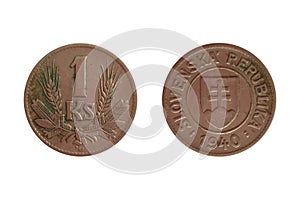 Slovakia 1 krona 1940. Coin of Slovakia. Obverse and Reverse
