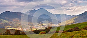 Slovakia autumn sunny morning panorama. Rural fall scene