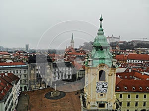 Slovakia, Bratislava. Historical centre. Aerial view from above, created by drone. Foggy day town landscape, travel photography.