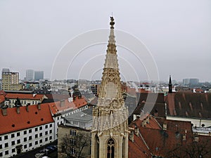 Slovakia, Bratislava. Historical old city centre. Aerial view from above, created by drone. Foggy day town landscape, travel