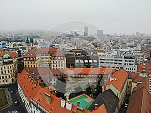 Slovakia, Bratislava. Historical old city centre. Aerial view from above, created by drone. Foggy day town landscape, travel