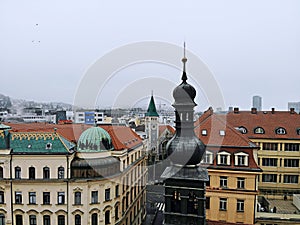 Slovakia, Bratislava. Historical old city centre. Aerial view from above, created by drone. Foggy day town landscape, travel