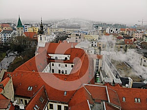 Slovakia, Bratislava. Historical old city centre. Aerial view from above, created by drone. Foggy day town landscape, travel