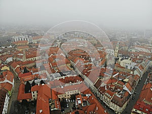 Slovakia, Bratislava. Historical old city centre. Aerial view from above, created by drone. Foggy day town landscape, travel