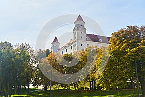 Slovakia, Bratislava - October 8, 2022: Bottom view of the white Bratislava castle in Slovakia