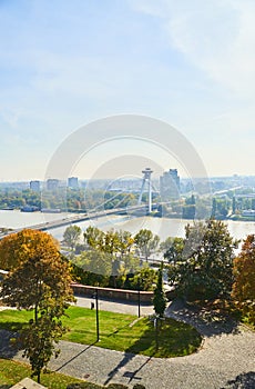 Slovakia, Bratislava - October 8, 2022: Top view of the Bridge of the Slovak National Uprising and the Danube River