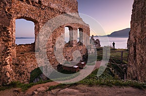 Slovakia castle at sunrise with mist - Ruin of Povazsky hrad