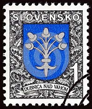 SLOVAKIA - CIRCA 1993: A stamp printed in Slovakia shows Arms of Dubnica nad Vahom, circa 1993.