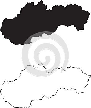 Slovakia country Map. A set of two Slovakian Maps. Black silhouette and black outline. Isolated black and white maps. EPS Vector