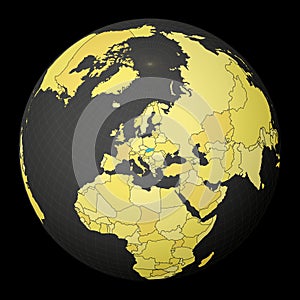 Slovakia on dark globe with yellow world map.