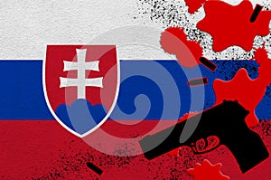 Slovakia flag and black firearm in red blood. Concept for terror attack or military operations with lethal outcome