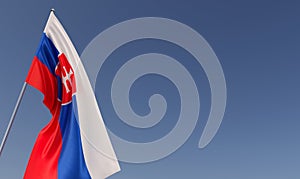 Slovakia flag on flagpole on blue background. Place for text. The flag is unfurling in wind. Europe, Bratislava. 3D illustration