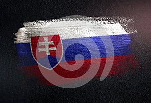 Slovakia Flag Made of Metallic Brush Paint on Grunge Dark Wall