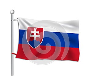 Slovakia flag waves on a flagpole, white background