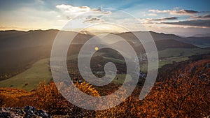 Slovakia forest autumn panorana landscape with mountain at sunrise, Time lapse