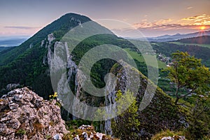 Slovakia forest summer panorama landscape with mountain at sunrise.