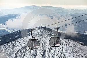 Slovakia, Jasna - February 3, 2022: chair lift cabin ski resort