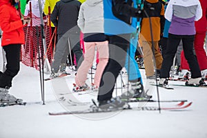 Slovakia, Jasna - February 4, 2022: people in line to ski chair lift