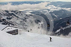 Slovakia, Jasna - February 3, 2022: ski lift cabin at the top of Chopok mountain