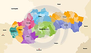 Districts okresy of Slovakia colored by regions vector map with neighbouring countries and territories photo