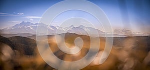 Slovakia mountain landscape. Nature fields. High Tatras, Europe, Belianske Tatry. Happy woman on the sunset in nature in summer wi