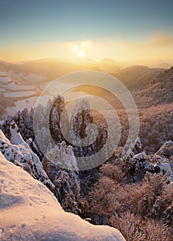 Slovakia mountain, Winter landscape at sunset, Sulovske skaly