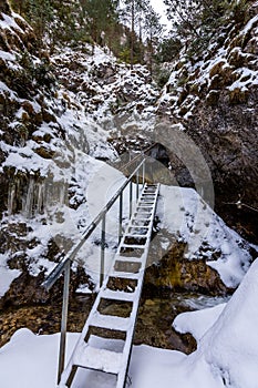 Slovakia national park Mala Fatra, Janosikove diery, Terchova village. Paths in the frost, winter. Hiking and tourism in Slovakia,