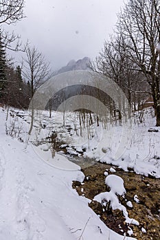 Slovakia national park Mala Fatra, Janosikove diery, Terchova village. Paths in the frost, winter. Hiking and tourism in Slovakia,