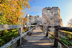 Slovakia - ruin of castle Uhrovec at nice autumn sunset landscape