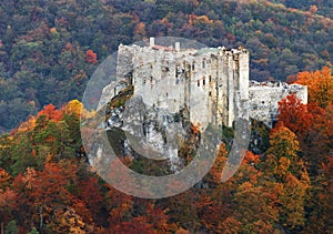 Slovakia - ruin of castle Uhrovec at nice auumn sunset landscape