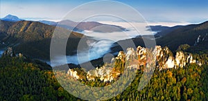 Slovakia - Sulov, aerial mountain forest panorama with fog