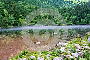 Slovakia Tatra mountain lakes in misty weather