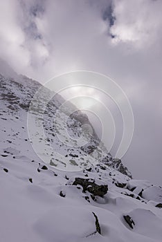 Slovakia tatra mountain tourist hiking trails under snow in winter time