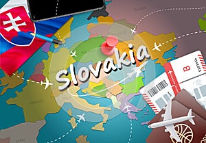 Slovakia travel concept map background with planes,tickets. Visit Slovakia travel and tourism destination concept. Slovakia flag