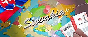 Slovakia travel concept map background with planes,tickets. Visit Slovakia travel and tourism destination concept. Slovakia flag