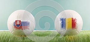Slovakia vs Romania football match infographic template for Euro 2024 matchday scoreline announcement. Two soccer balls with