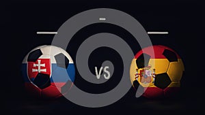 Slovakia vs Spain Euro 2020 football matchday announcement. Two soccer balls with country flags, showing match infographic,