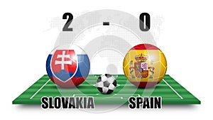 Slovakia vs Spain . Soccer ball with national flag pattern on perspective football field . Dotted world map background . Football