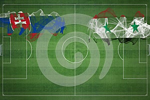 Fotbalový zápas Slovensko vs Sýrie, národní barvy, státní vlajky, fotbalové hřiště, fotbalový zápas, kopírování vesmíru
