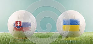 Slovakia vs Ukraine football match infographic template for Euro 2024 matchday scoreline announcement. Two soccer balls with