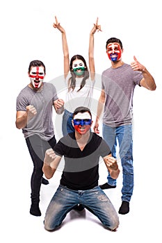 Slovakia, Wales, Russia, England on white background. Football fans of national teams celebrate, dance and scream.